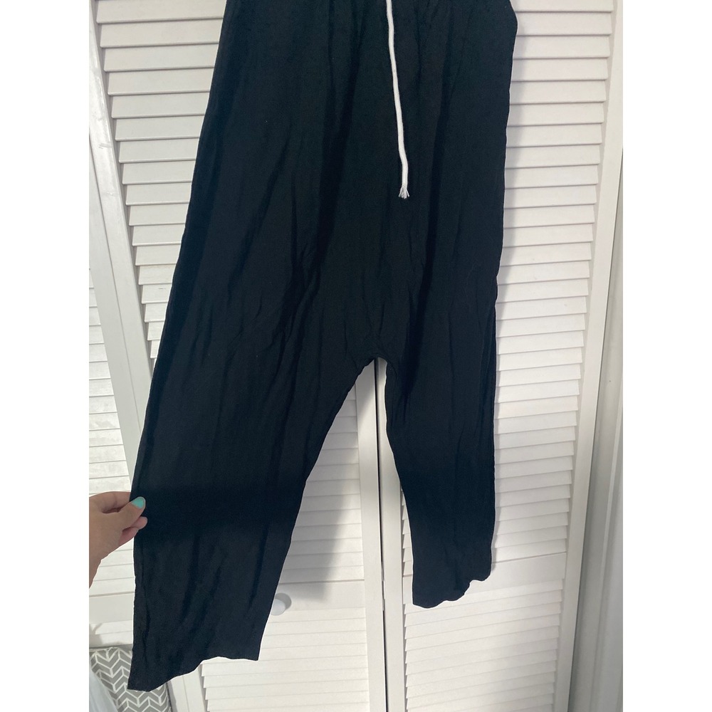 Black Cotton Drop Crotch Harem Pants Elastic Waist Drawstring Tapered Joggers M